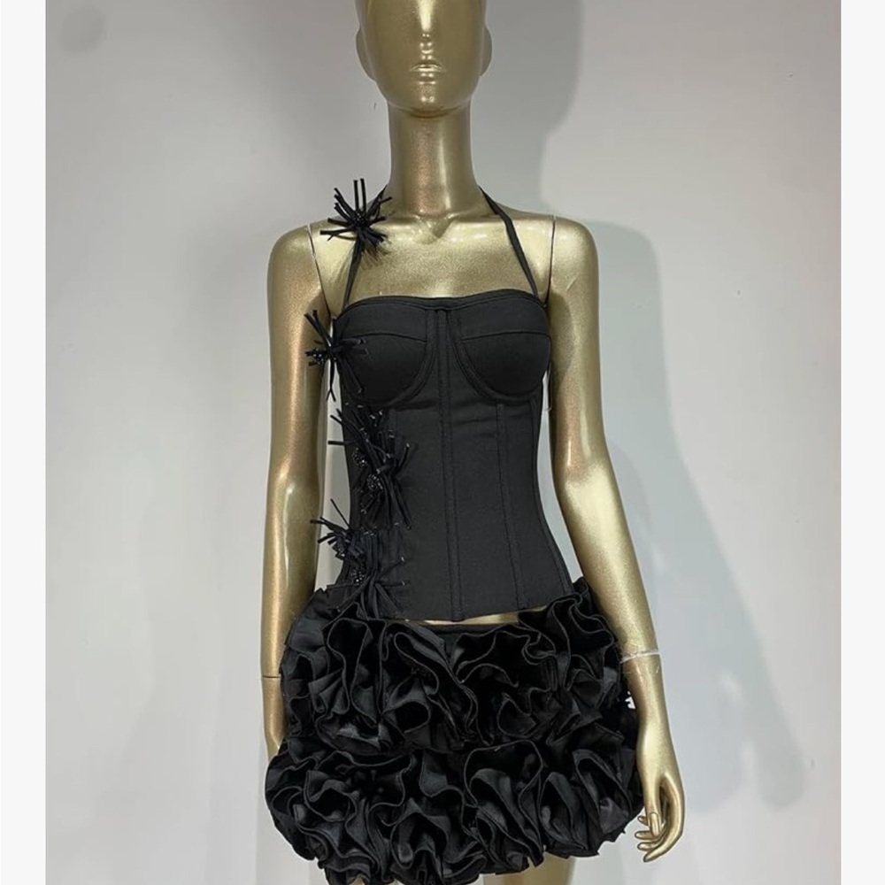 Black Mini Corset Two Piece with Ruffled Skirt